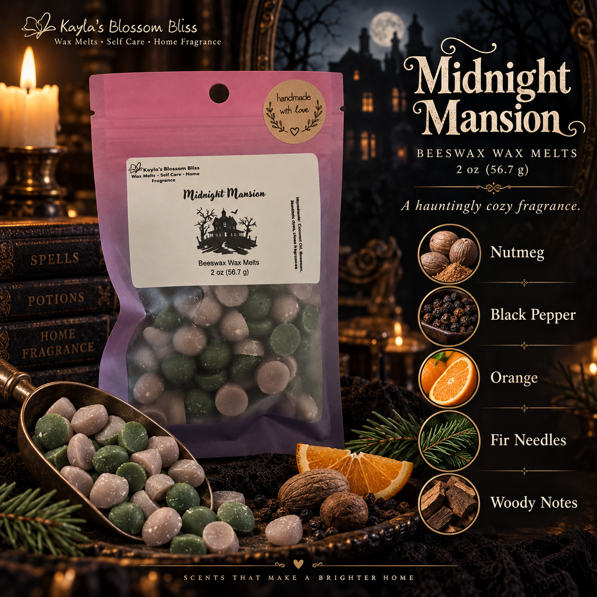 Midnight Mansion Wax Melt | Nutmeg, Fir Needles and Woods