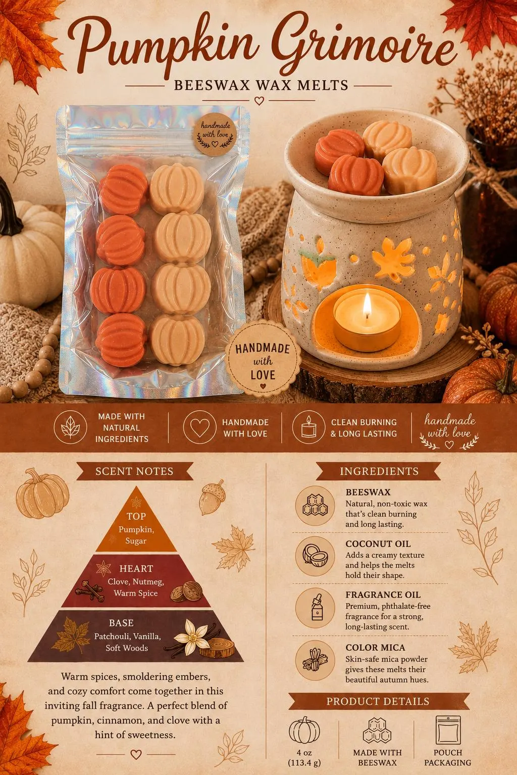 Pumpkin Grimoire Wax Melt - Fall Pumpkin Patchouli Scent - Halloween Home Fragrance