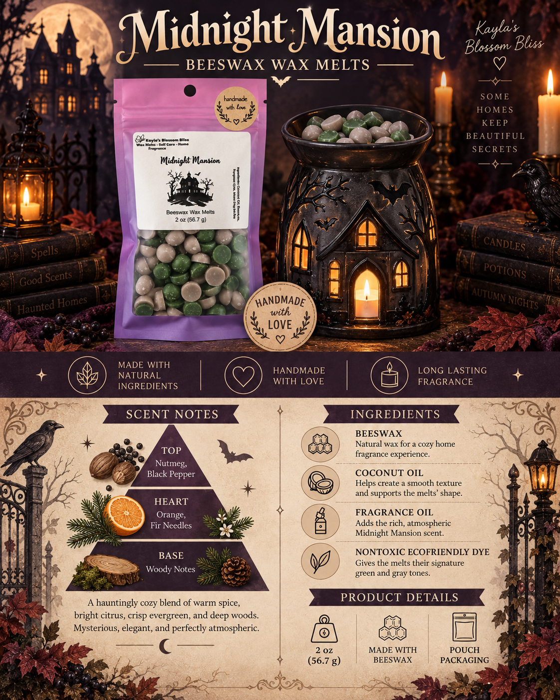Midnight Mansion Wax Melt | Nutmeg, Fir Needles and Woods