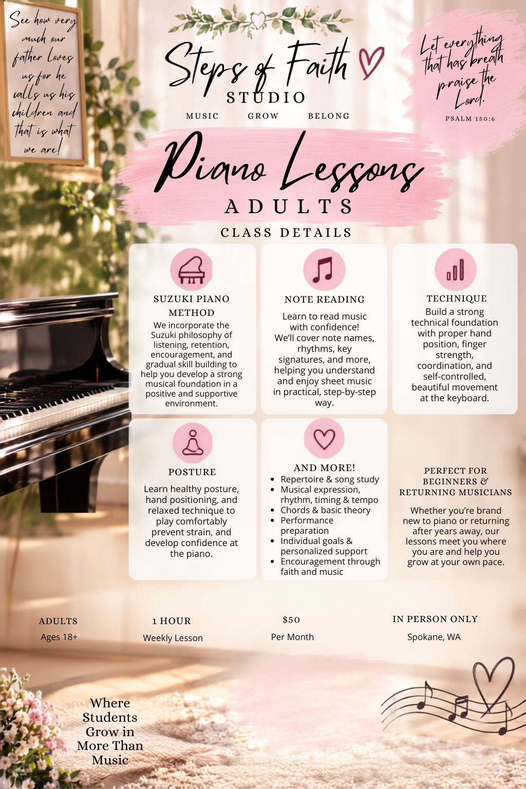 In-Person Piano Lessons for Adults | Steps of Faith Studio | Spokane, WA