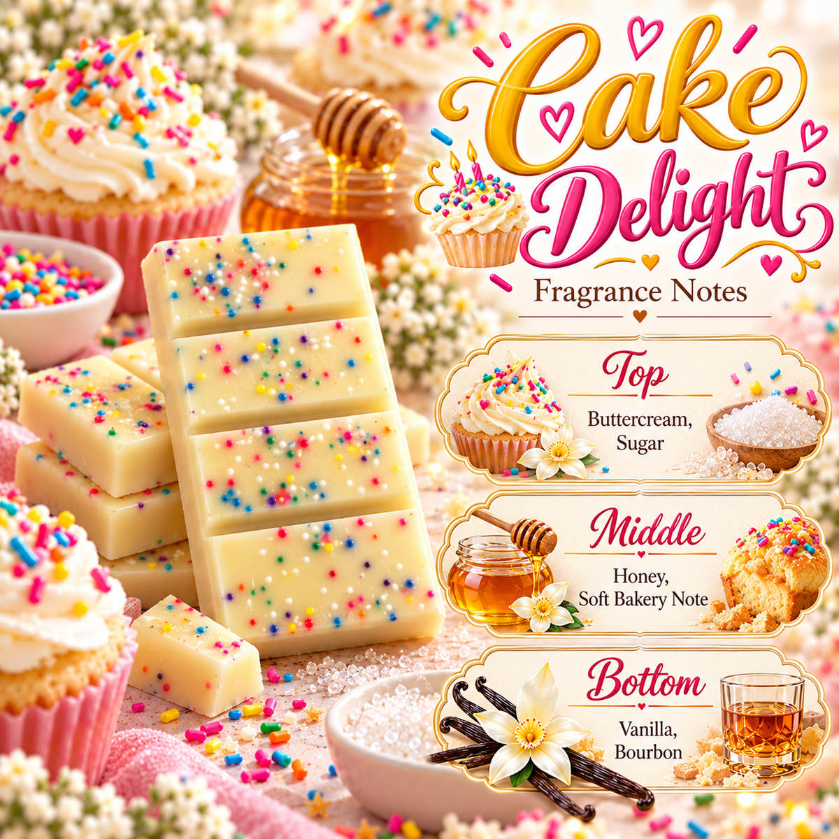 Cake Delight Wax Melts - Buttercream, Sugar, Honey, Vanilla & Bourbon