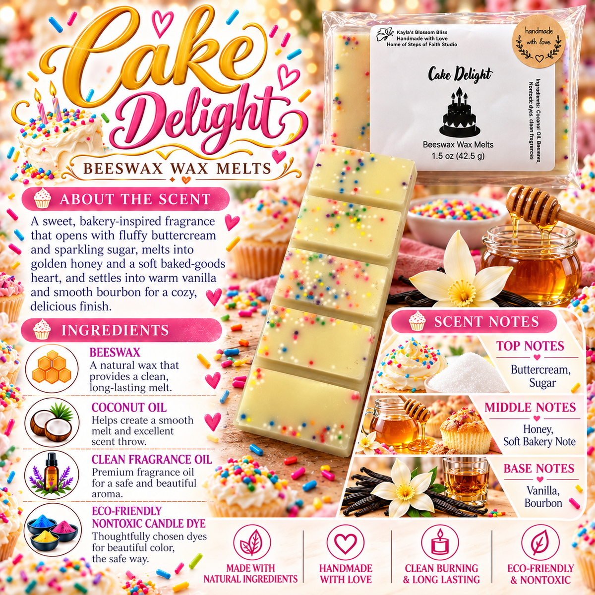 Cake Delight Wax Melts - Buttercream, Sugar, Honey, Vanilla & Bourbon