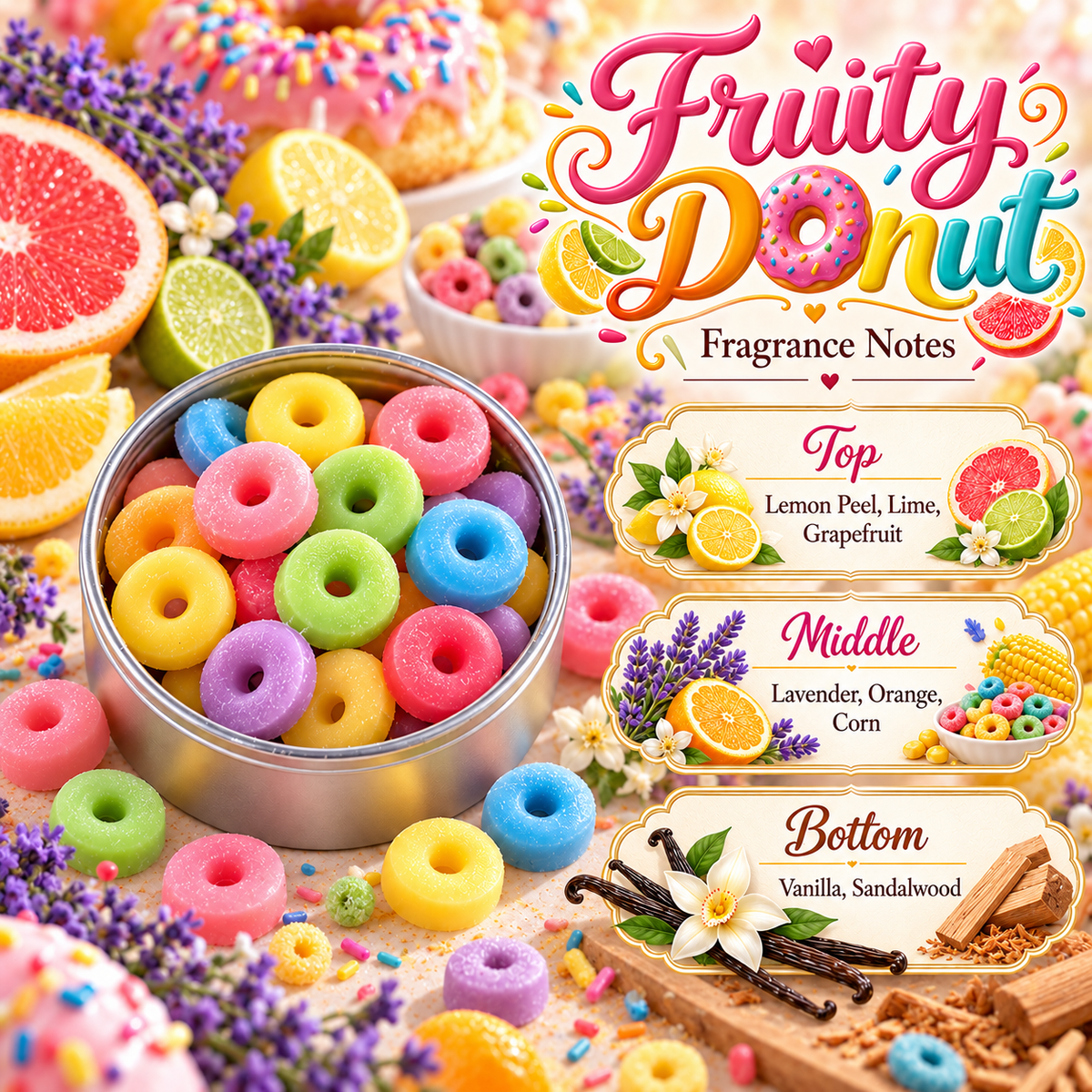 Fruity Donut Wax Melts - Lemon, Lime, Grapefruit, Lavender, Orange, Vanilla & Sandalwood