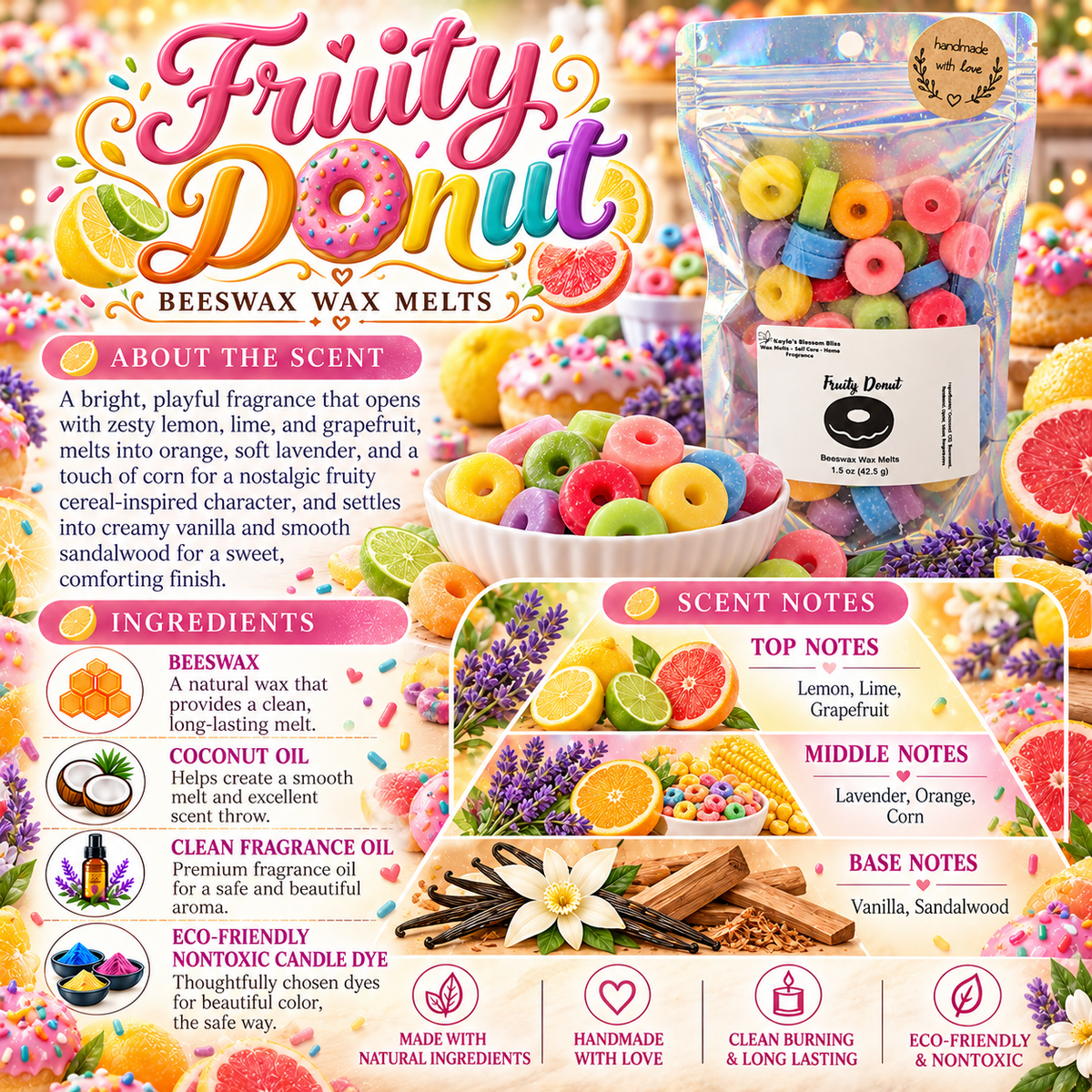 Fruity Donut Wax Melts - Lemon, Lime, Grapefruit, Lavender, Orange, Vanilla & Sandalwood