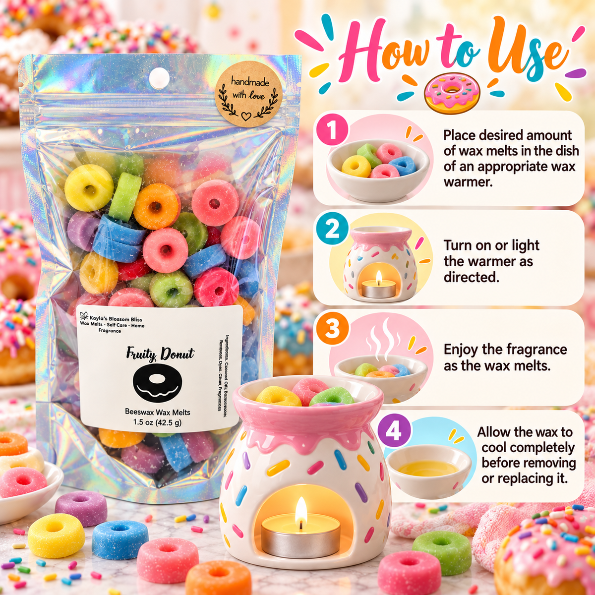 Fruity Donut Wax Melts - Lemon, Lime, Grapefruit, Lavender, Orange, Vanilla & Sandalwood