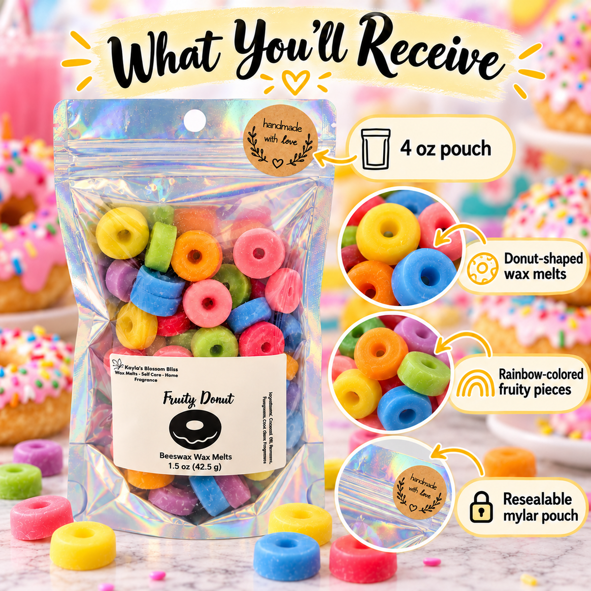 Fruity Donut Wax Melts - Lemon, Lime, Grapefruit, Lavender, Orange, Vanilla & Sandalwood