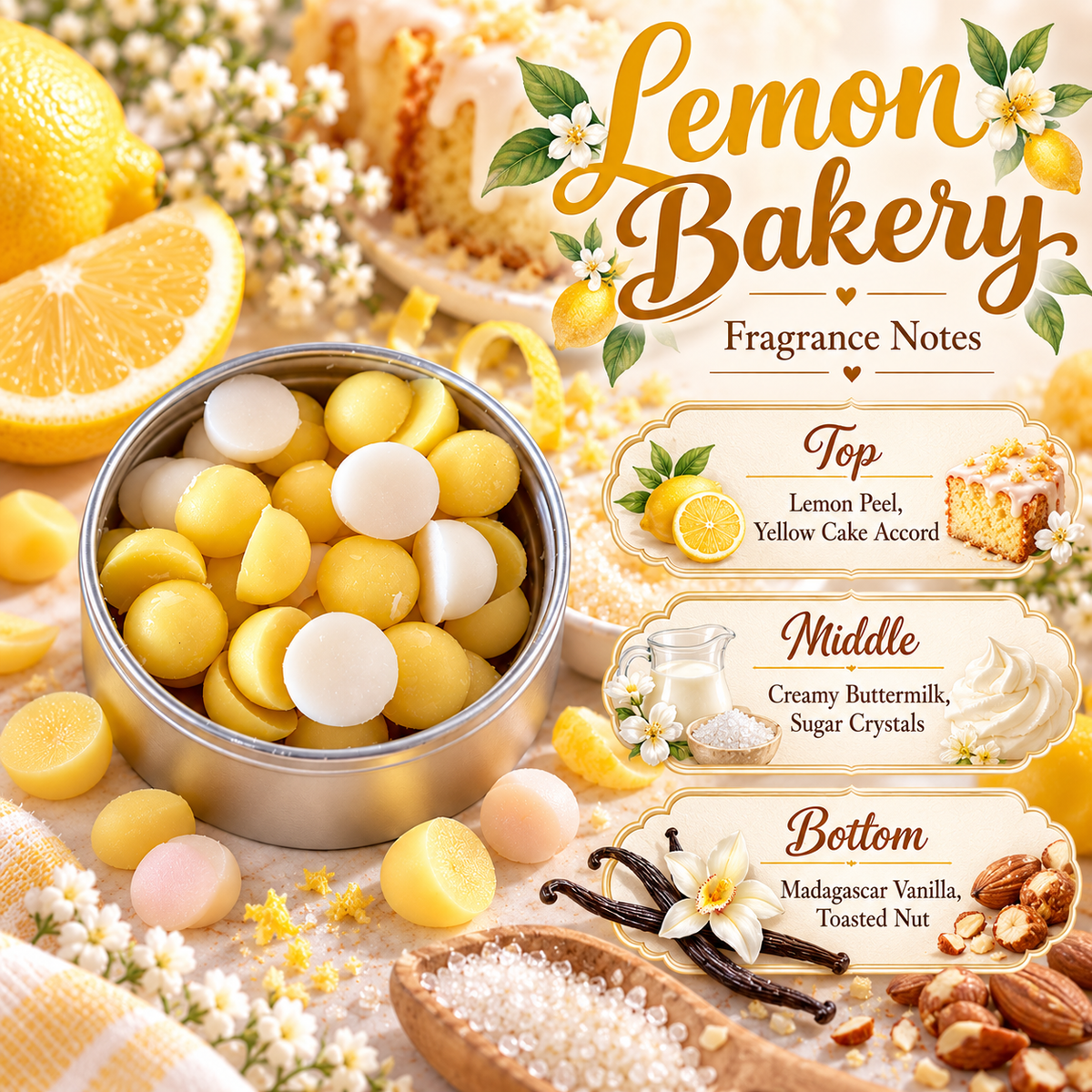 Lemon Bakery Wax Melts - Lemon Cake, Buttermilk, Vanilla & Toasted Nut