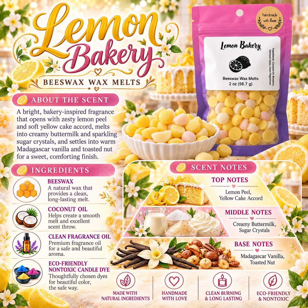 Lemon Bakery Wax Melts - Lemon Cake, Buttermilk, Vanilla & Toasted Nut