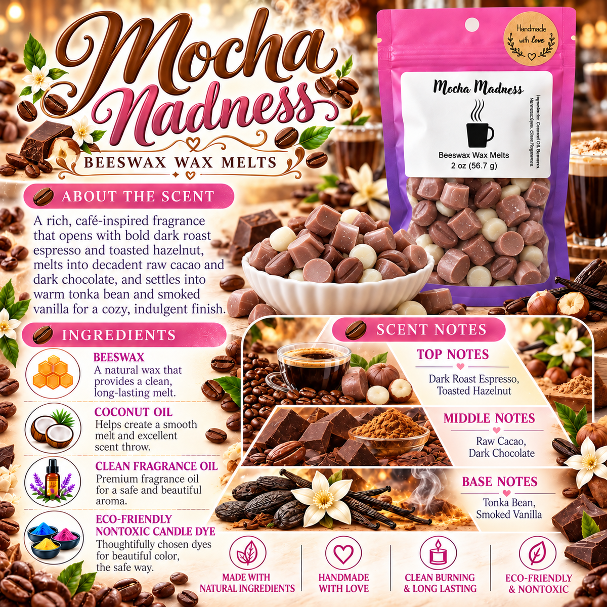 Mocha Madness Wax Melts - Dark Roast Espresso, Toasted Hazelnut, Dark Chocolate & Smoked Vanilla