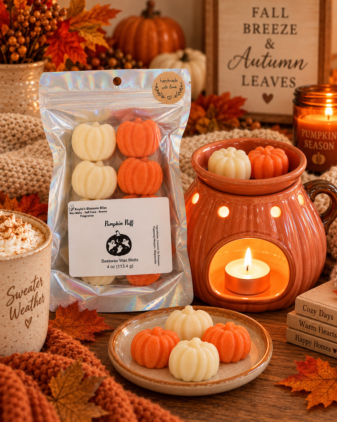 A bag of Pumpkin Ruff scented wax melts sits on a wooden table next to a ceramic wax warmer filled with tea lights, a plate of wax melts, and autumn-themed props including pumpkins, fall leaves, and a cozy sweater.