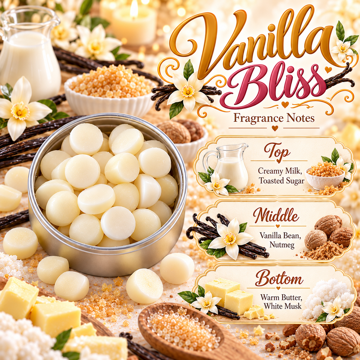 Vanilla Bliss Wax Melts - Creamy Vanilla, Toasted Sugar, Warm Butter & White Musk Home Fragrance