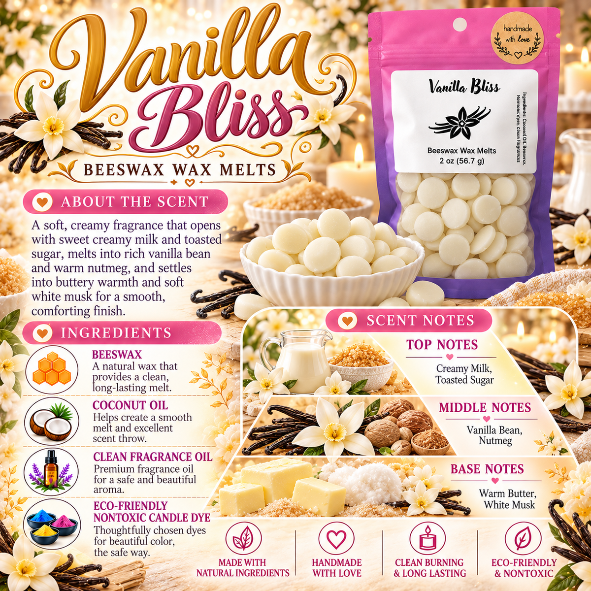 Vanilla Bliss Wax Melts - Creamy Vanilla, Toasted Sugar, Warm Butter & White Musk Home Fragrance