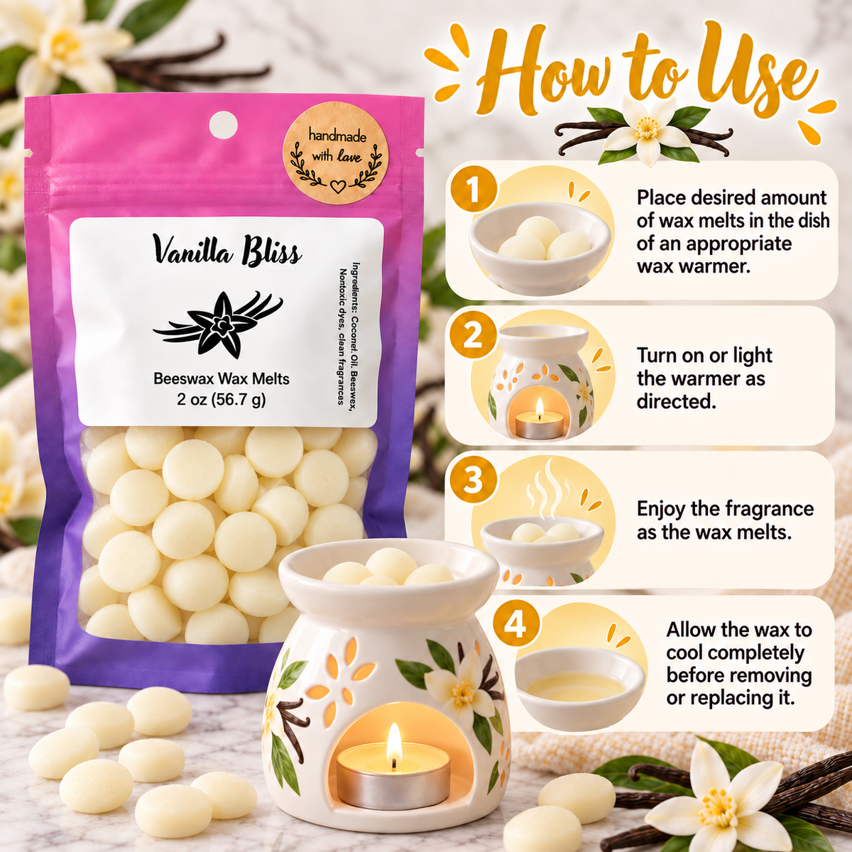 Vanilla Bliss Wax Melts - Creamy Vanilla, Toasted Sugar, Warm Butter & White Musk Home Fragrance
